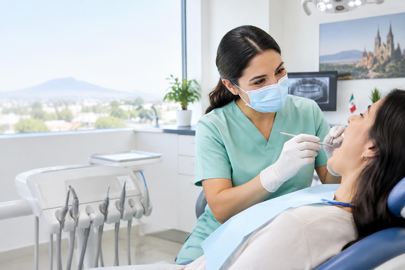 Dentista atendiendo a una paciente en un consultorio dental