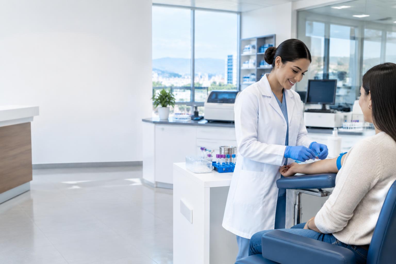 Profesional atendiendo a una paciente en un laboratorio médico