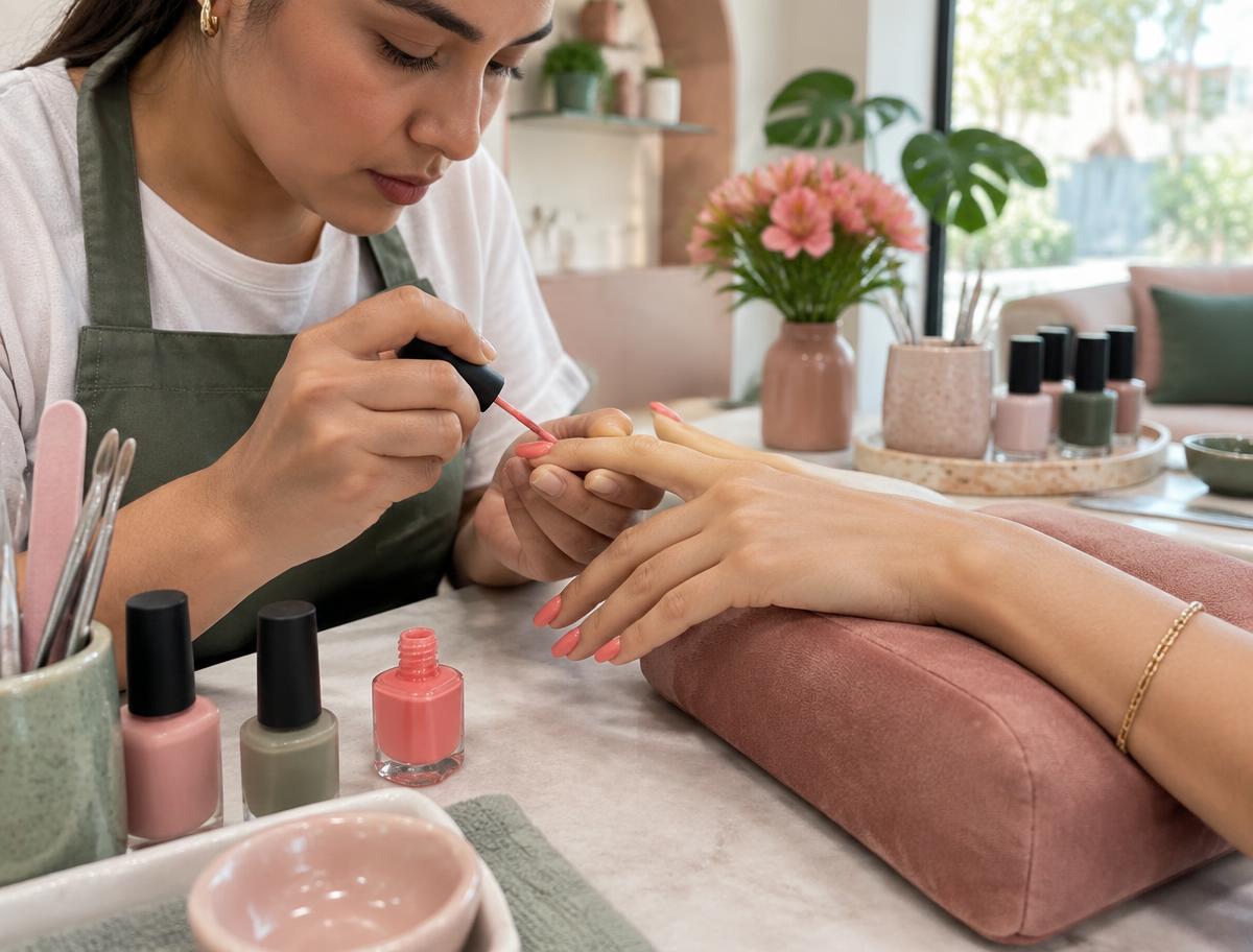 Manicurista aplicando esmalte en un estudio de uñas