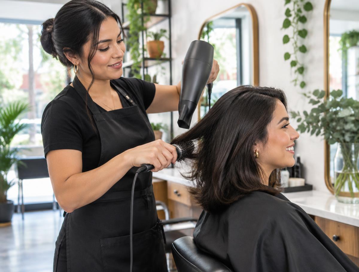 Estilista realizando un peinado en un salón de belleza