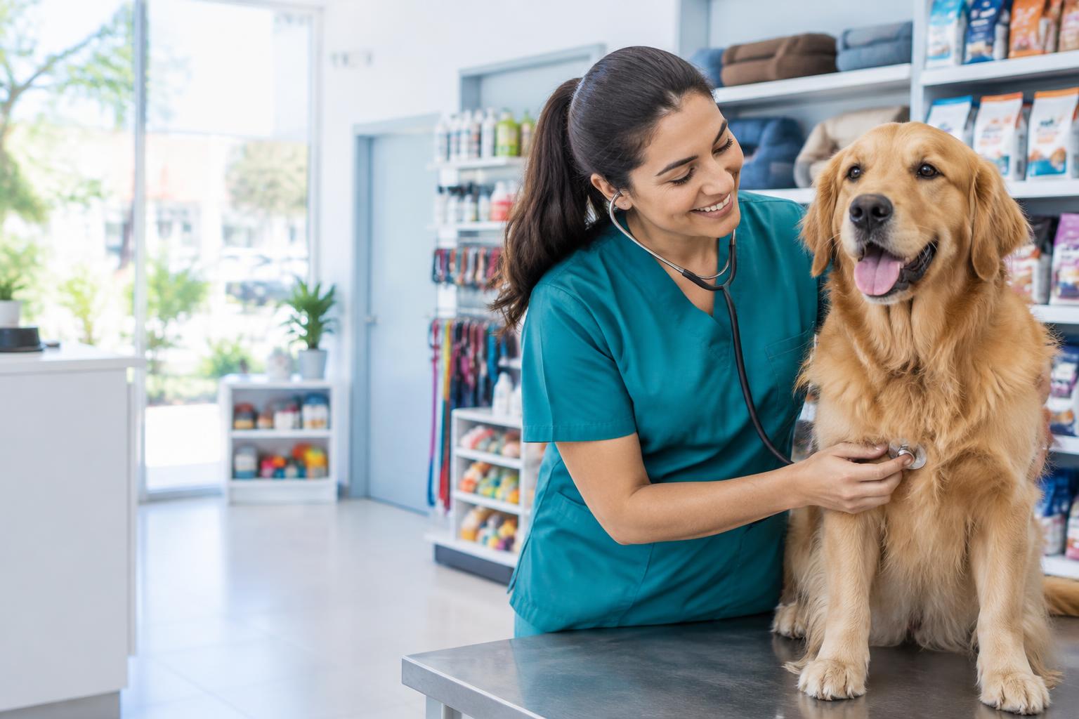 Veterinaria revisando a un perro en una clínica y tienda de mascotas